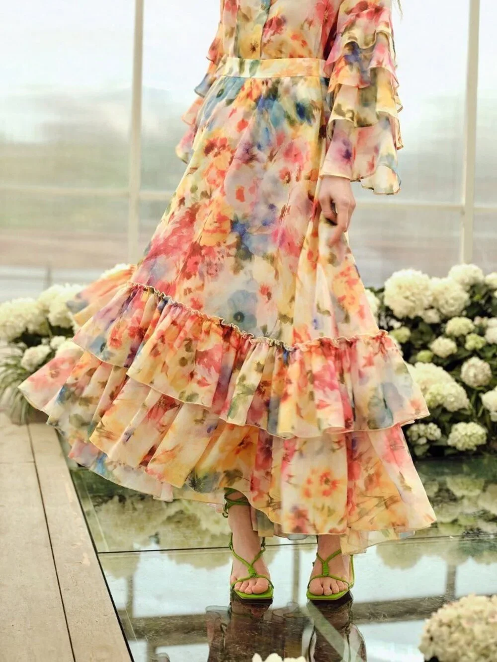 Multicolor Boho Womens Premium Romantic Elegant floral Printed ruffle maxi Skirt